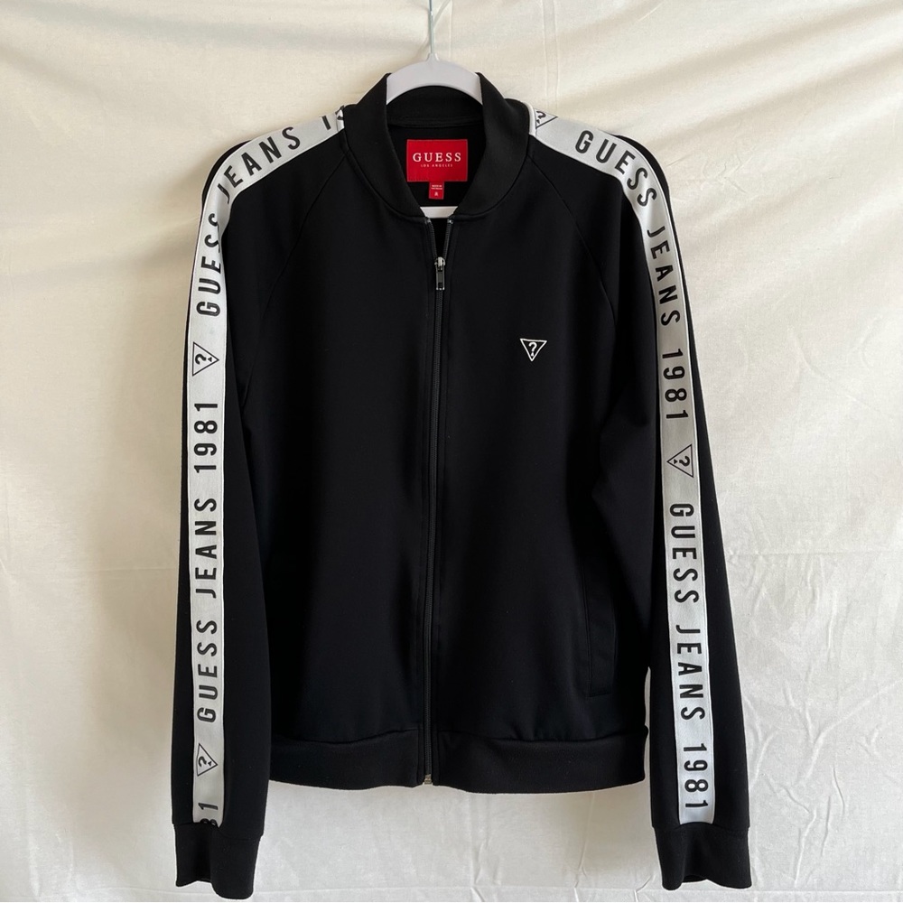 GUESS Jeans Track Jacket Black With White Logo Arm Panels Size Medium